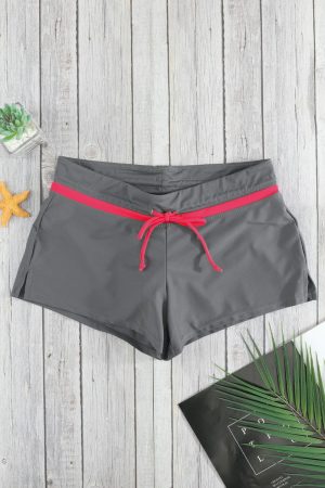 Swim Bottoms |   Fiery Red Trim Taupe Women Swim Boardshort Swim Bottoms As shown