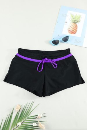 Swim Bottoms |   Violet Strap Trim Black Women Swim Boardshort Swim Bottoms Black Purple