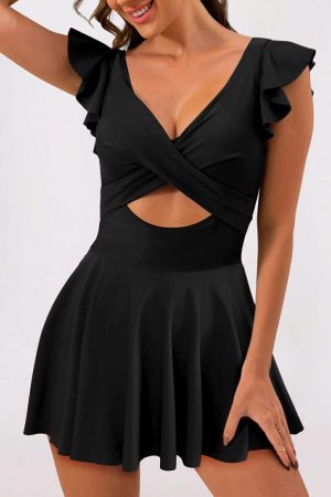 Swim Dresses |   Black 2-tone Patchwork Crossed Cutout One Piece Swimdress Swim Dresses Black