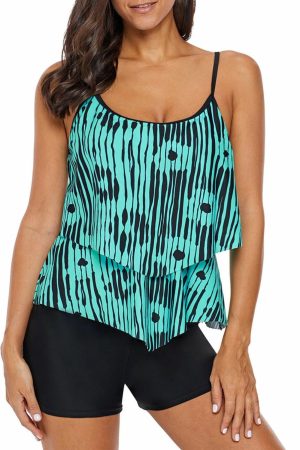 Swim Tops |   Abstract Print Flowy Layered Tankini Top Swim Tops Green