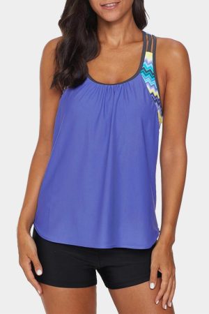 Swim Tops |   Sky Blue Blouson Striped Printed Strappy T-Back Push up Tankini Top Swim Tops Sky Blue