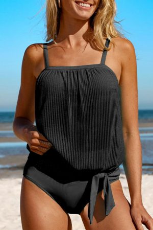 Tankinis |   Black Striped Mesh Knotted Hem Tankini Swimsuit SWIMWEAR Black