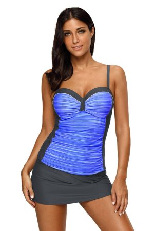 Tankinis |   Blue Grey Ruched Tankini and Skirted Swimsuit SWIMWEAR Blue