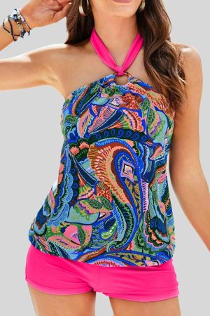 Tankinis |   Green Tropical Print Halter Tankini with Swim Shorts SWIMWEAR Green