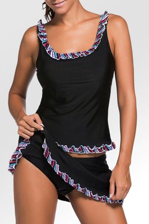 Tankinis |   Ruffle Trim Black Active Tank Top and Skort Swimsuit SWIMWEAR Black