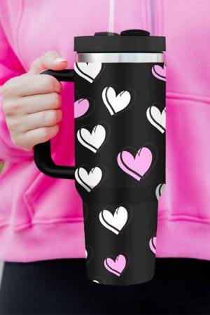 Tumblers |   Black Valentines Heart Printed Thermos Cup with Handle 40oz ACCESSORIES Black