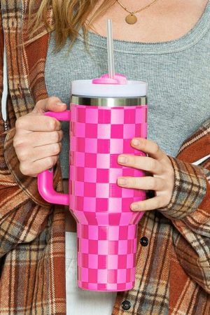 Tumblers |   Bright Pink Checkered Print Handled Stainless Steel Tumbler Cup 40oz ACCESSORIES Bright Pink