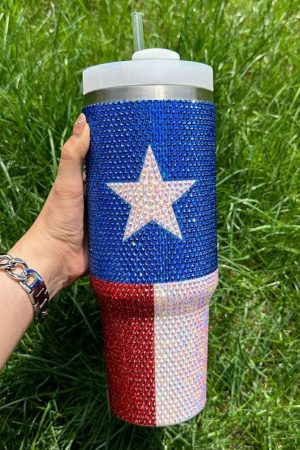 Tumblers |   Dark Blue American Flag Star Full Rhinestone Handle Tumbler 40oz ACCESSORIES Dark Blue