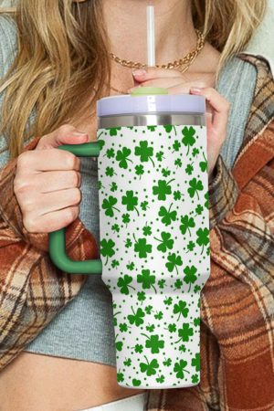 Tumblers |   Dark Green Clover Print Thermos Cup with Handle 40oz ACCESSORIES Dark Green