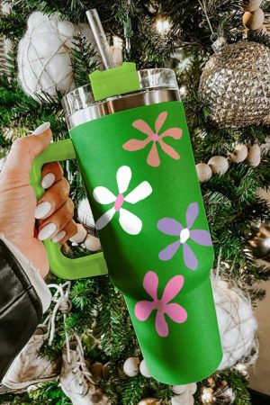 Tumblers |   Dark Green Floral Print Stainless Steel Tumbler with Handle 40oz ACCESSORIES Dark Green