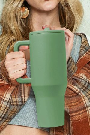 Tumblers |   Dark Green Frosted Stainless Handle Large Vacuum Cup with Straw 40oz ACCESSORIES Dark Green