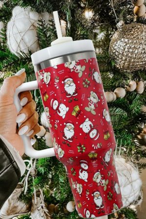 Tumblers |   Fiery Red Christmas Print Handled Stainless Steel Tumblers 40oz ACCESSORIES Fiery Red