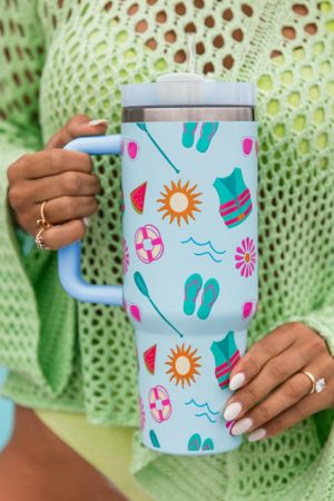 Tumblers |   Light Blue Beach Day Fun Pattern Cup with Handle 40oz ACCESSORIES Light Blue