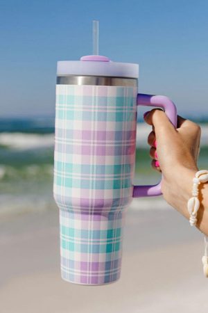 Tumblers |   Orchid Petal Plaid Print Handle Large Vacuum Cup 40oz ACCESSORIES Orchid Petal