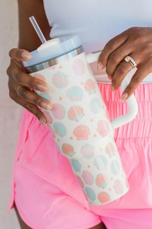 Tumblers |   Pink Shell Print Stainless Portable Cup with Handle 40oz ACCESSORIES Pink