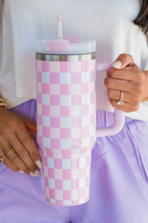 Tumblers |   Pink Two-Tone Checkered Stainless Cup With Handle 40oz ACCESSORIES Pink