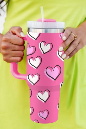 Tumblers |   Rose Red Valentines Heart Printed Thermos Cup with Handle ACCESSORIES Rose Red