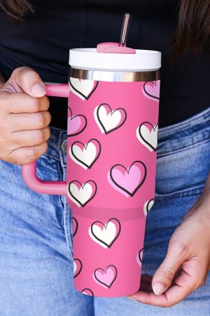 Tumblers |   Rose Red Valentines Heart Printed Thermos Cup with Handle 40oz ACCESSORIES Rose Red