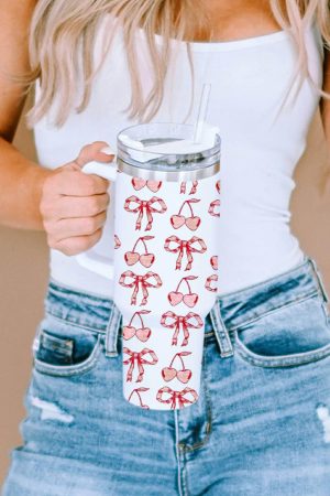 Tumblers |   White Cherry Bowknot Stylish Large Tumbler with Handle 40oz ACCESSORIES Tumblers