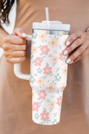 Tumblers |   White Floral Pattern Stainless Vacuum Cup with Handle 40oz ACCESSORIES Tumblers