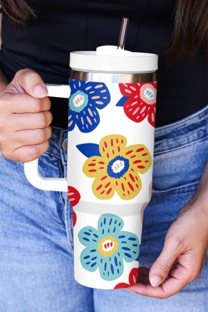 Tumblers |   White Flower Pattern Stainless Vacuum Cup with Handle 40oz ACCESSORIES Tumblers