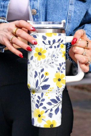 Tumblers |   White Flower Print Stainless Handled Large Tumbler 40oz ACCESSORIES Tumblers