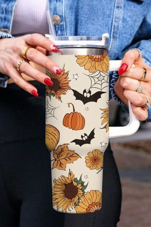 Tumblers |   White Halloween Pattern Print Handled Stainless Steel Vacuum Cup 40oz ACCESSORIES Tumblers