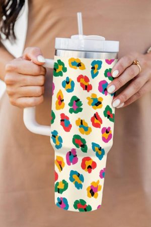 Tumblers |   White Multi Color Leopard Print Handle Stainless Tumbler 40oz ACCESSORIES Tumblers