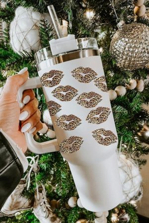 Tumblers |   White Valentine Leopard Lips Print Thermos Cup with Straw 40oz ACCESSORIES Tumblers