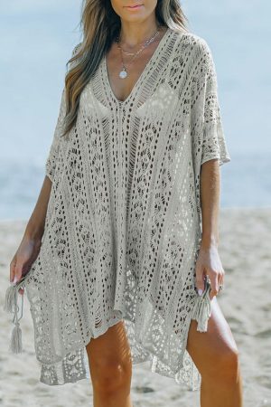 Beach Cover-ups |   Gray Crochet Knitted Tassel Tie High Low Beachwear Beach Cover-ups Beach Cover-ups