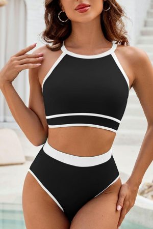 High Waisted Swimsuits |   Black Contrast Trim Crisscross Back High Waisted Bikini High Waisted Swimsuits Black