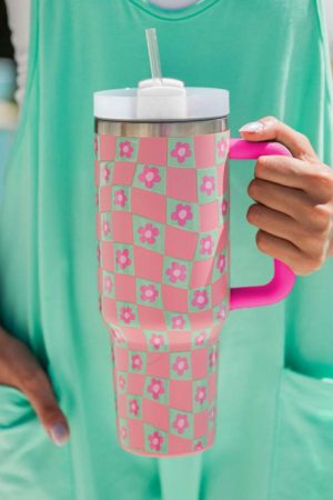 Tumblers |   Bright Pink Flower Checkered Pattern Cup with Straw 40oz ACCESSORIES Bright Pink