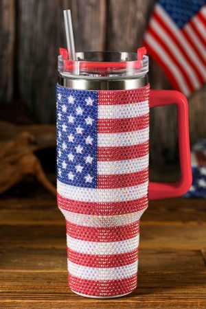 Tumblers |   Red Rhinestone American Flag Print Handled 40oz Thermos Tumbler ACCESSORIES Red