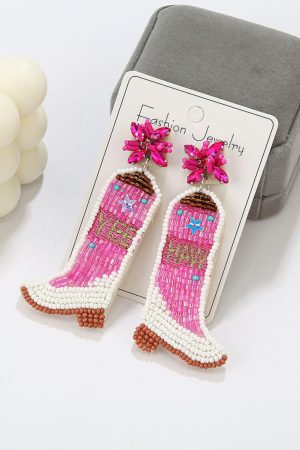 Jewelry |   Rose Red Cowboy Boots Rice Bead Dangle Earrings ACCESSORIES Jewelry