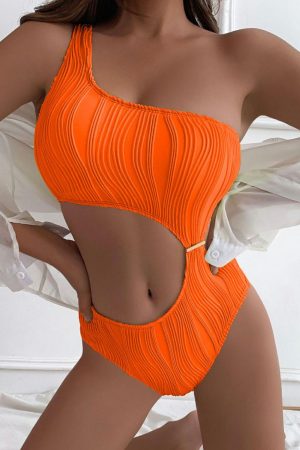 One-Piece Swimsuits |   Orange Wavy Textured Cut Out One Shoulder Monokini One-Piece Swimsuits One-Piece Swimsuits