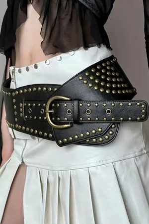 Other Accessories |   Black Retro Rivet Studded PU Leather Wide Waist Belt ACCESSORIES Black