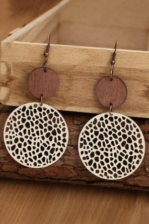 Jewelry |   Beige Hollow Out Wooden Round Drop Earrings ACCESSORIES Beige