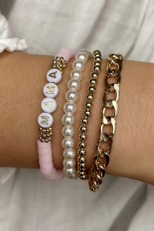 Jewelry |   Gold 4PCS MAMA Pearls Beaded Chain Bracelets Set ACCESSORIES Gold