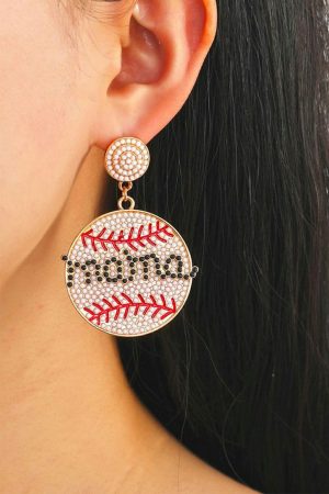 Jewelry |   White Crystal mama Beaded Baseball Shape Earrings ACCESSORIES Jewelry