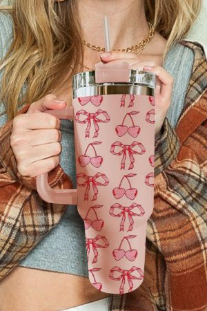 Tumblers |   Apricot Pink Cherry Bowknot Stylish Large Tumbler with Handle 40oz ACCESSORIES Apricot Pink